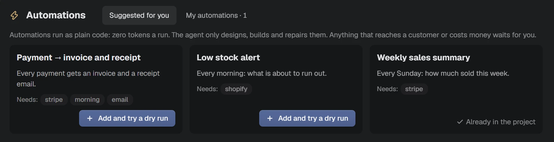 NAP screenshot: suggested business automations, each with what it needs