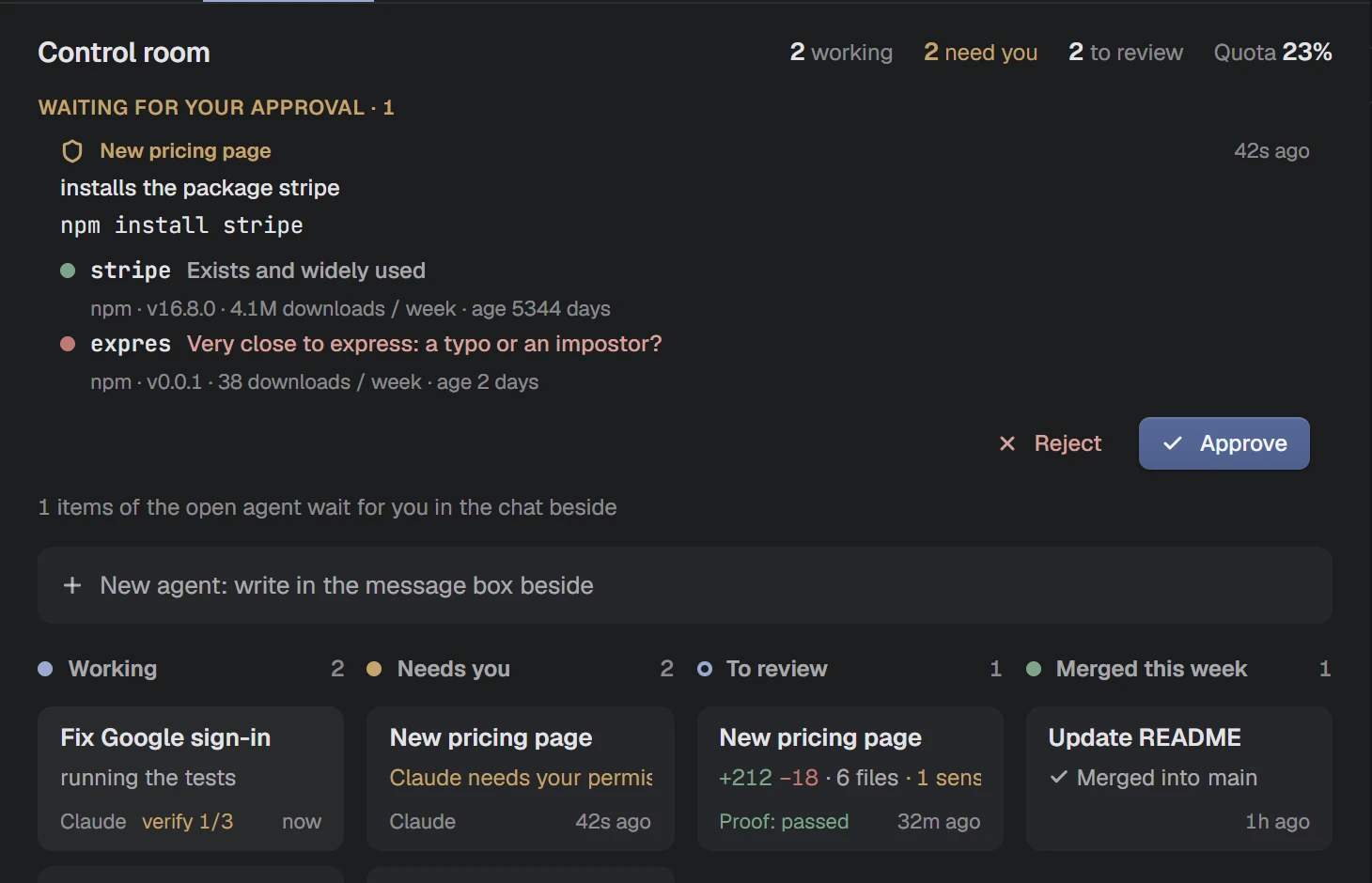 NAP screenshot: every agent at a glance: working, needs you, to review