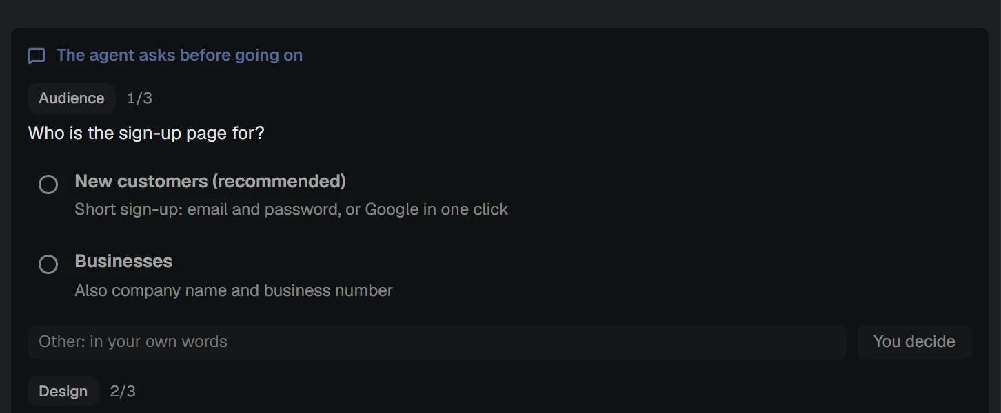 NAP screenshot: questions the agent asks before building