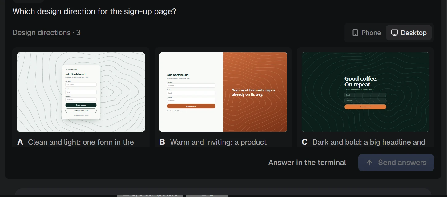 NAP screenshot: three design directions to pick from