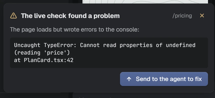 NAP screenshot: the live check card: the page wrote an error, with one button to send it to the agent