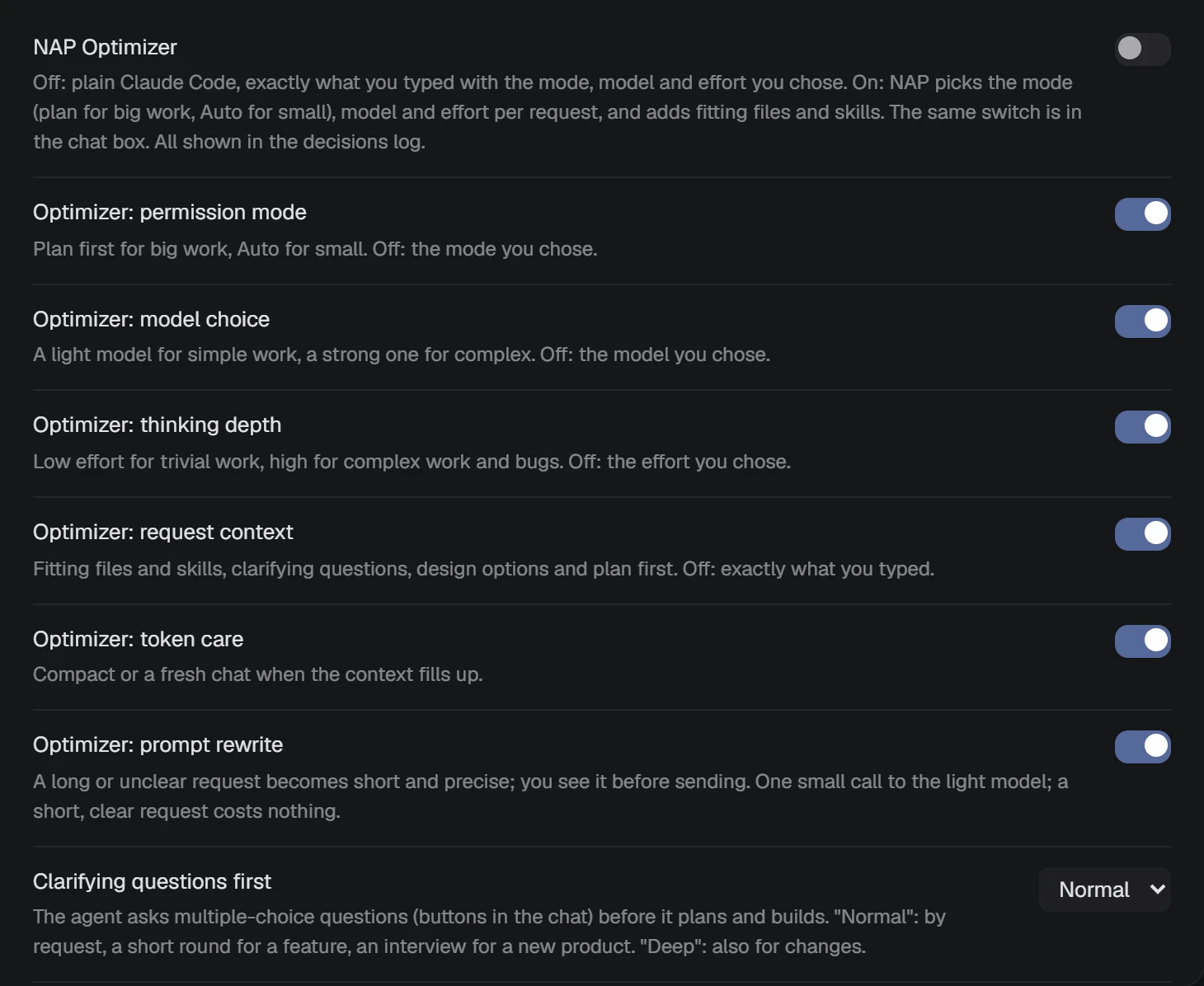 NAP screenshot: the optimizer's switches