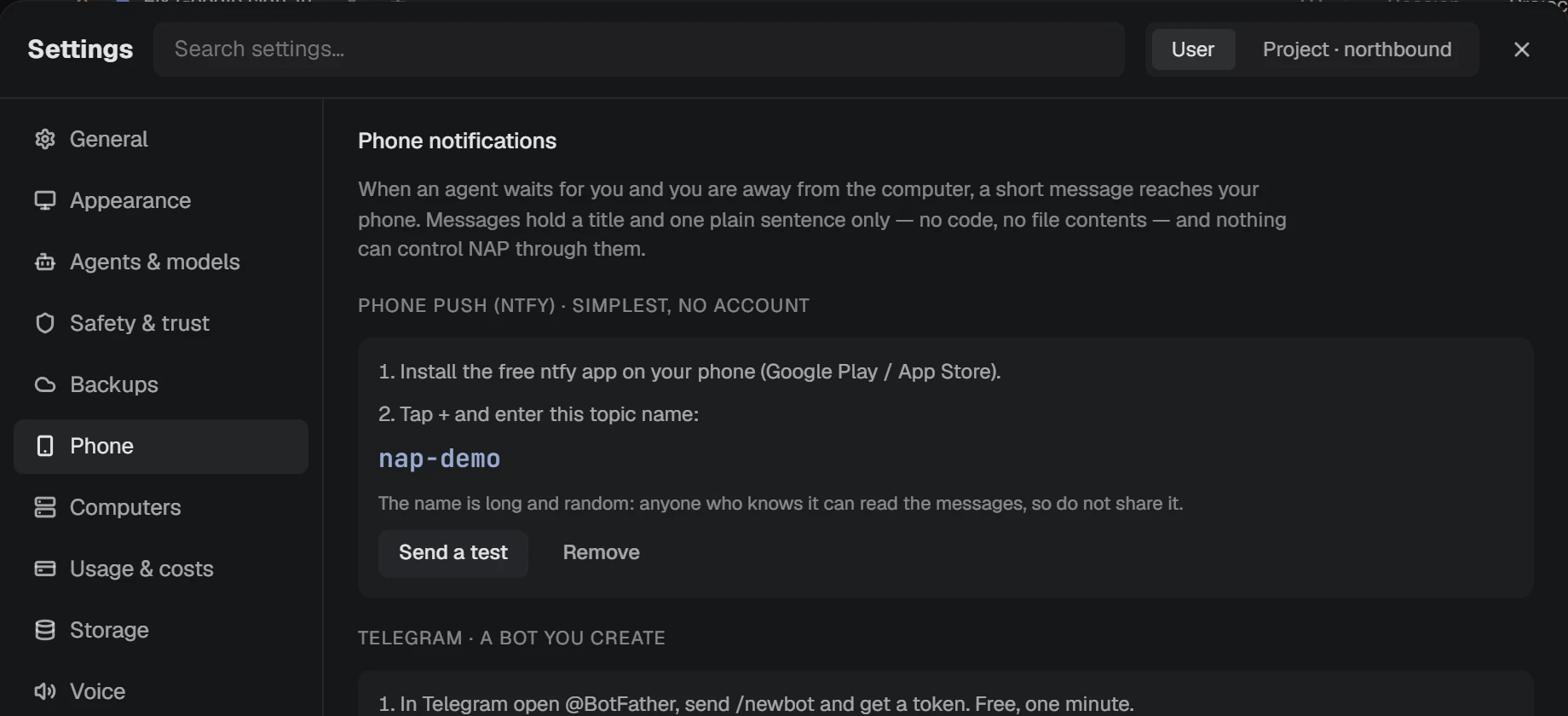 NAP screenshot: phone control settings