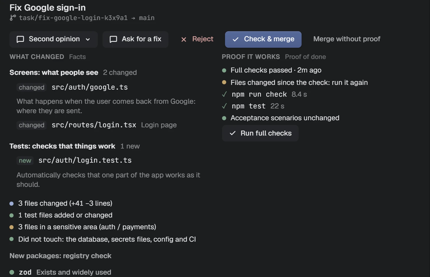 NAP screenshot: the review screen with proof of done