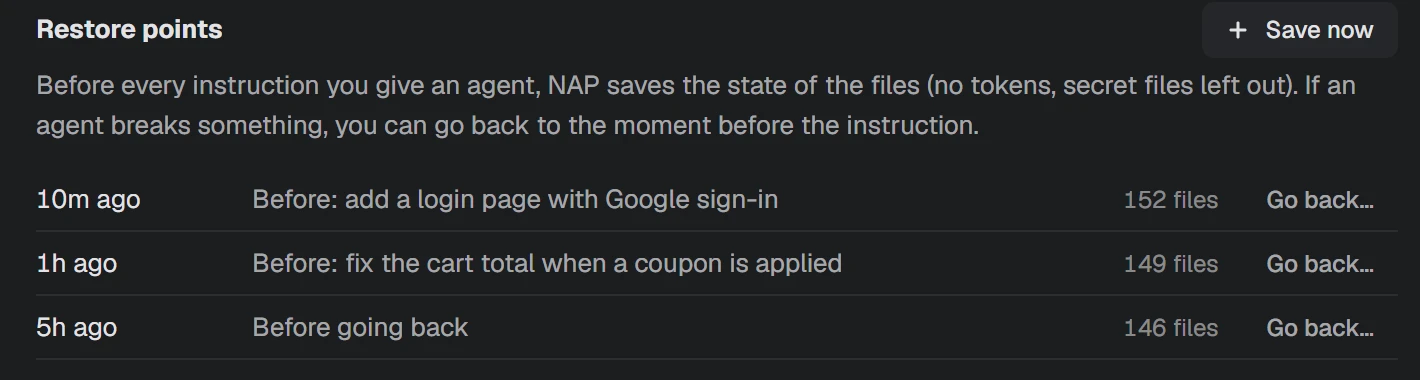 NAP screenshot: restore points taken before every instruction