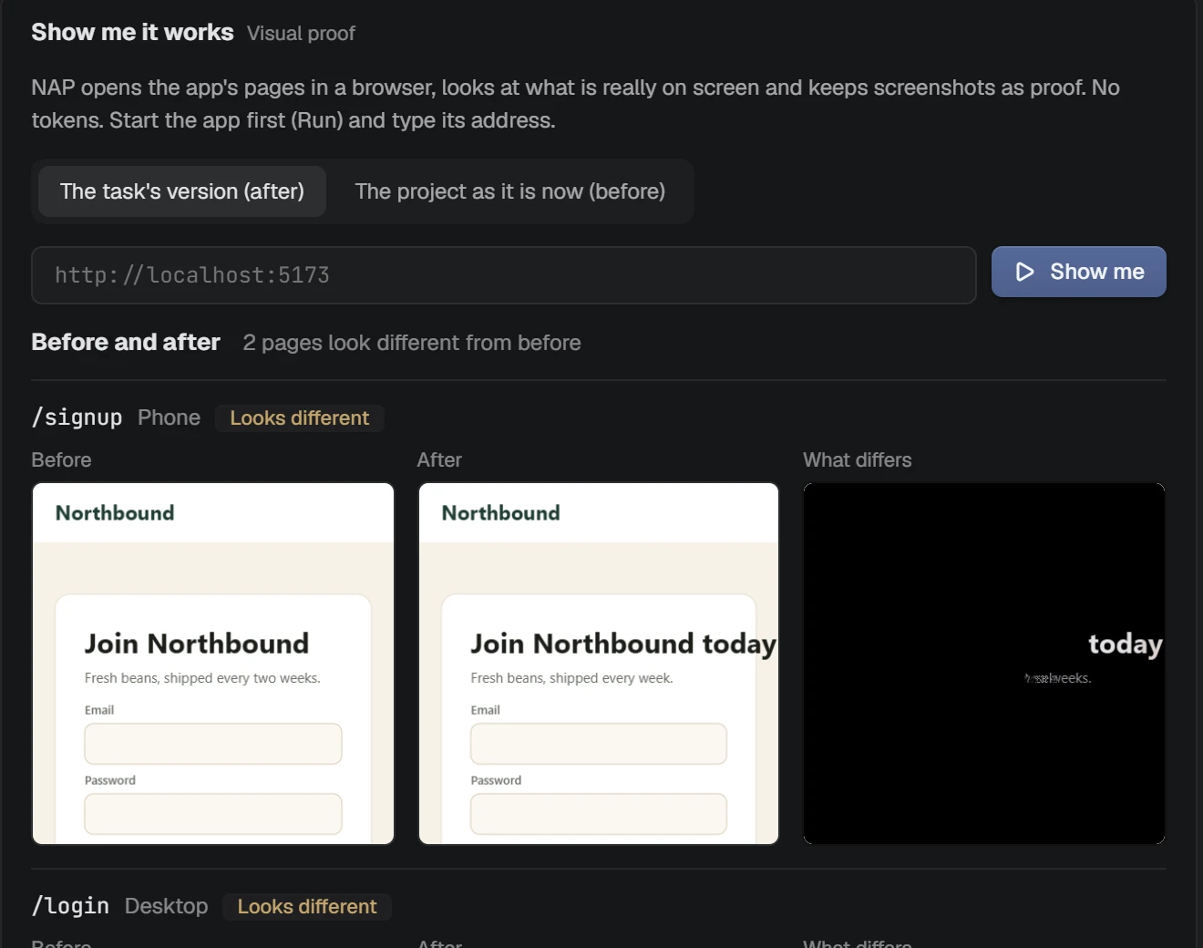 NAP screenshot: before and after screenshots of the app's pages, with a picture of what differs